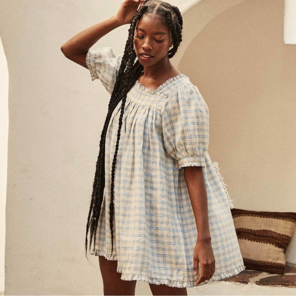 Doen Frede dress in blue meadowlark plaid